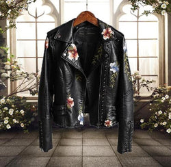 Black floral 2025 leather jacket