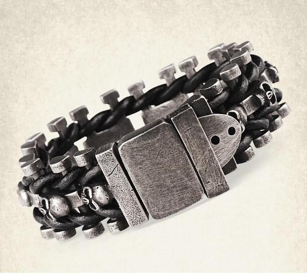 Leather Woven Stainless Steel Skull Bracelet