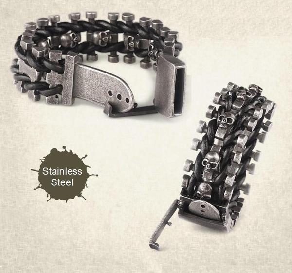 Leather Woven Stainless Steel Skull Bracelet