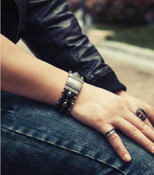 Leather Woven Stainless Steel Skull Bracelet