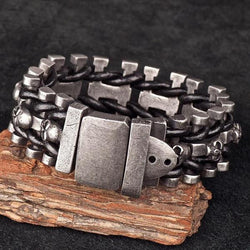 Leather Woven Stainless Steel Skull Bracelet