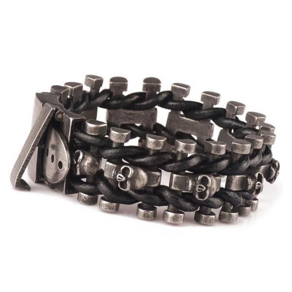 Leather Woven Stainless Steel Skull Bracelet