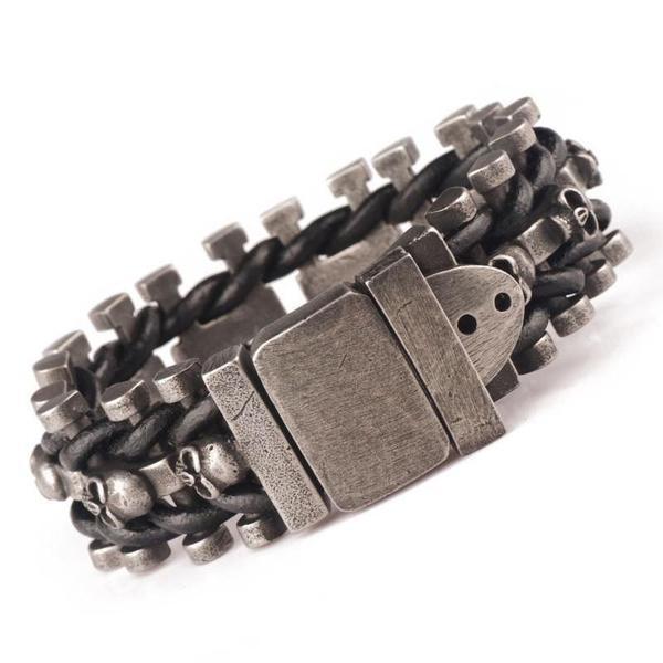 Leather Woven Stainless Steel Skull Bracelet