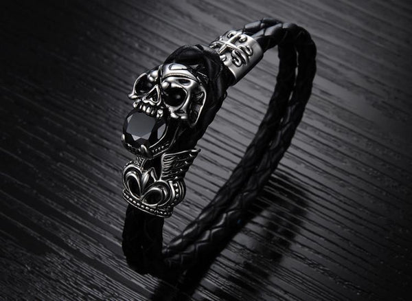 Genuine Leather Stainless Steel Skull Bracelet