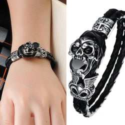 Genuine Leather Stainless Steel Skull Bracelet